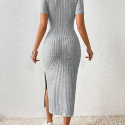 Alternative view of Casual Short Sleeve Knitted Dress with Square Collar and Side Slit for Women