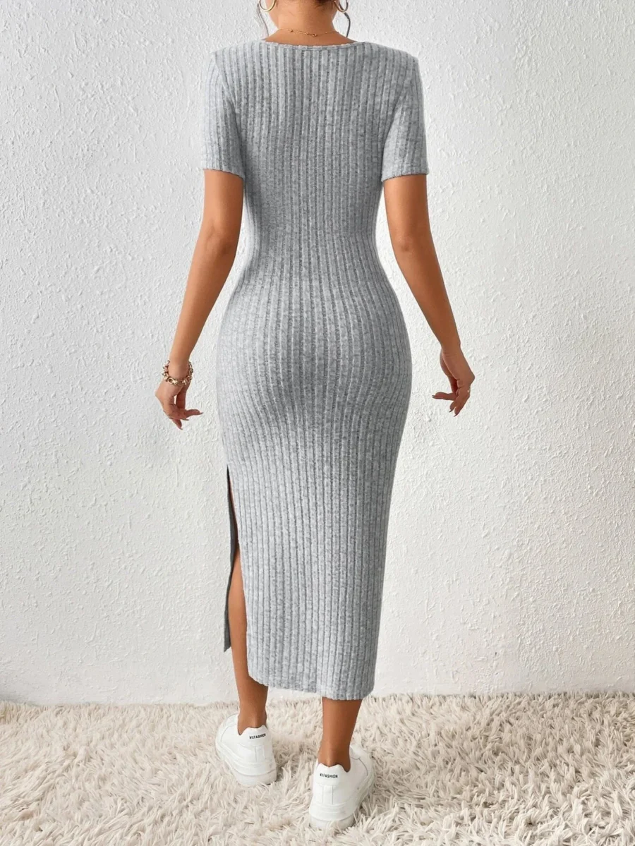Women's Casual Short Sleeve Knitted Dress with Square Collar and Side Slit - Image 2