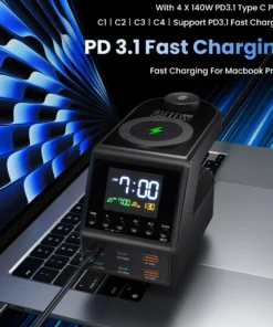 Alternative view of 240W GaN Charger Station 4×140W PD3.1 USB Type C Wireless Fast Charger for MacBook iPad Samsung Alarm Clock Time Display