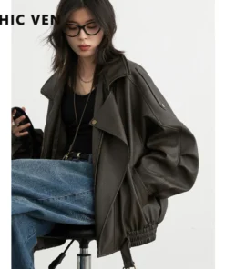 CHIC VEN Female PU Jacket Solid Loose New Retro Standing Collar Motorcycle Faux Leather Coat Female Top Spring Autumn 2026