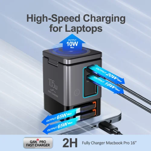 6-in-1 Charging Station with Retractable USB-C Cable Power Combo Tower 105W for Multiple Devices Fast Charger for iPhone Airpod