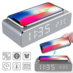 Alternative view of Wireless Charger Alarm Clock with Digital Display and Thermometer for Smartphones