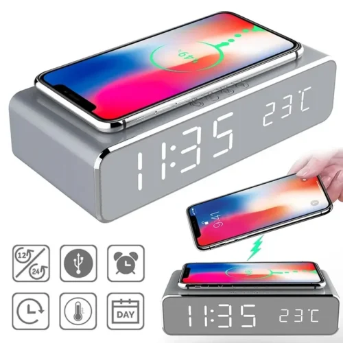 Alternative view of Wireless Charger Time Alarm Clock LED Digital Thermometer Earphone Phone Chargers Fast Charging Dock Station for iPhone Samsung