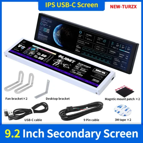 TURZX 9.2-Inch IPS USB Secondary Monitor - 1920x462 Resolution, Type-C Connection