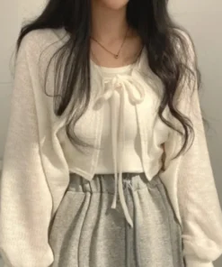 Thin White Cardigan Women Summer Sunscreen Lace-up Knitwear Tops Lady Korean Style Casual Lantern Sleeve Short Sun Protected Top