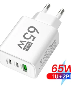 65W GaN USB-C Fast Charger with 3 Ports - Compatible with iPhone, Samsung Galaxy, Xiaomi, and Huawei