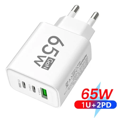 65W GaN USB-C Fast Charger with 3 Ports - Compatible with iPhone, Samsung Galaxy, Xiaomi, and Huawei
