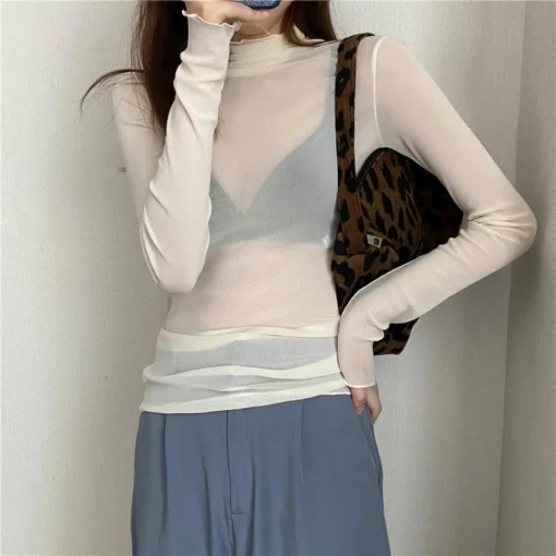 Sheer Mesh Long Sleeve Turtleneck Top with Lace Details for Women - Image 5