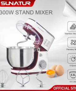 SUNATUR 5.5L Stand Mixer - 1300W Planetary Food Processor with Timer and Dough Kneader