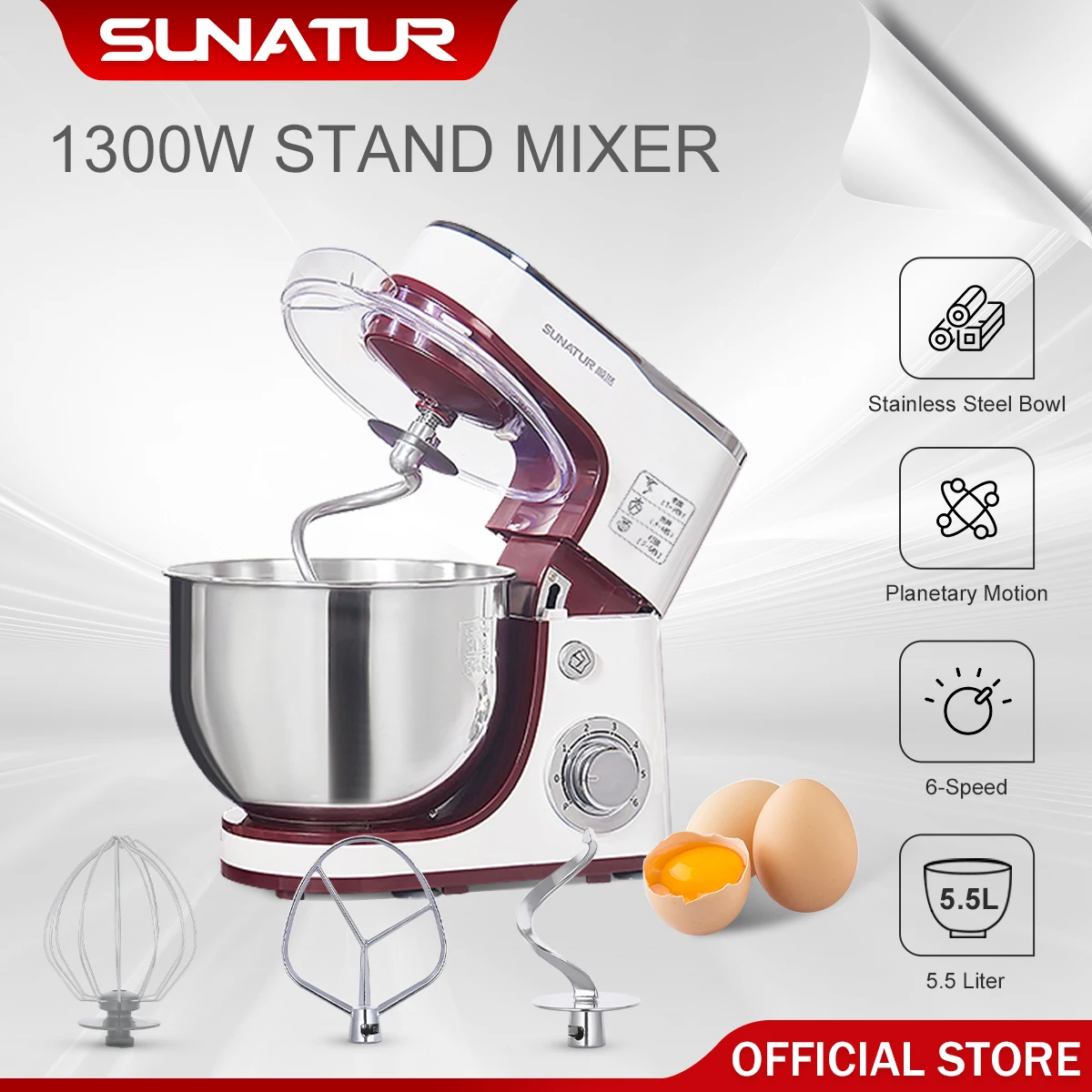 SUNATUR 5.5L Stand Mixer - 1300W Planetary Food Processor with Timer and Dough Kneader