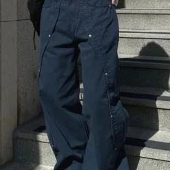 Wide Leg Vintage Retro Jeans for Women - Relaxed Fit with Rivet Patchwork and Split Design