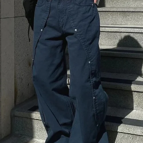 Vintage Retro Wide Leg Jeans for Women - Relaxed Fit with Rivet Patchwork and Split Design