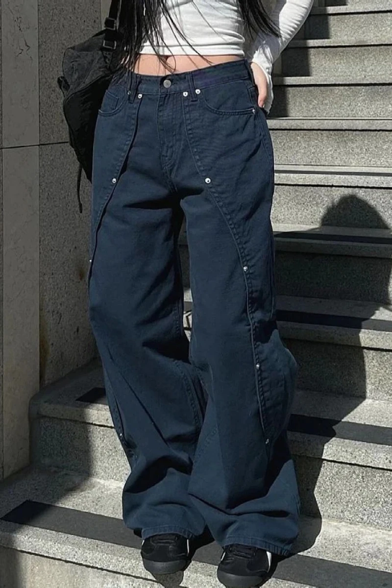 Vintage Retro Wide Leg Jeans for Women - Relaxed Fit with Rivet Patchwork and Split Design