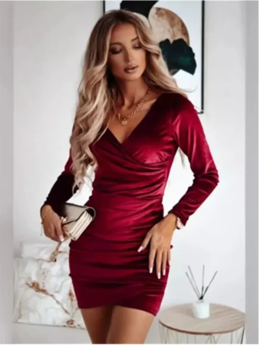 Bodycon Velvet Mini Dress with V-Neck and Long Sleeves for Women - Autumn Winter Party Wear - Image 5