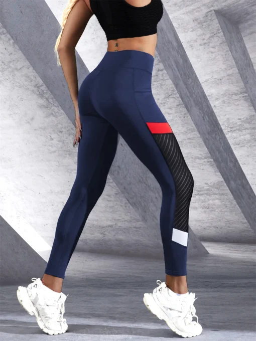 Colorblocked Mesh High Waist Yoga Pants with Side Pockets for Women Tummy Control Shaping Leggings - Image 6