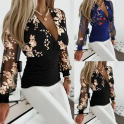 V Neck Print Long Sleeve Blouse Slim Fit Casual Top for Women in Autumn and Spring