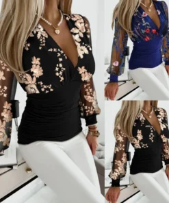 Women Blouse Sexy V Neck Print Long Sleeve Shirt Slim Fit Autumn Spring Top Vintage Shirts Casual Office Lady Tops 2025