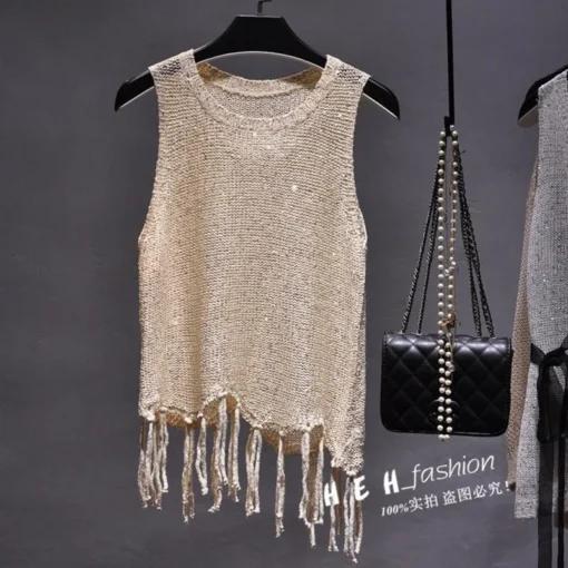 Sequined Knitted Tank Tops with Tassels for Women in Shiny Gold and Silver - Image 3