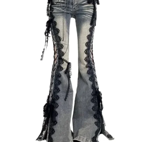 Retro Lace-Up Flare Jeans for Women – Slim Low Rise Bootcut Pants