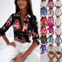 Print Shirt Women Blouse with Turn Down Collar and Pocket for Office Ladies in Spring Summer 2025