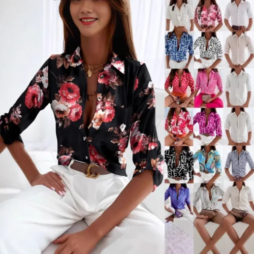 Print Shirt Women Blouse Single Breasted Turn Down Collar Pocket Splicing Full Sleeve 2025 Spring Summer Office Lady Overshirt