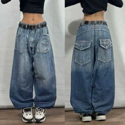 Alternative view of American Geometric Pattern Baggy Jeans for Women - Y2K Vintage Wide-Leg Pants