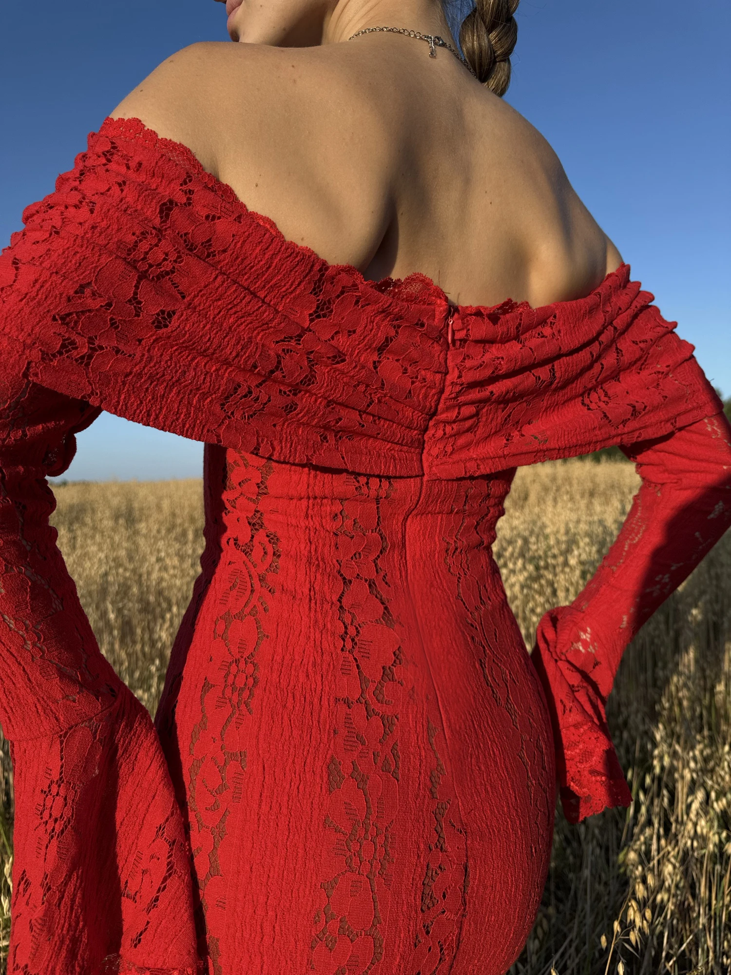 Off the Shoulder Lace Wedding Guest Dress with Flare Sleeves in Red - Image 6