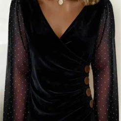 Sheer Patchwork Long Sleeve V Neck Button T-Shirt for Women Casual Streetwear