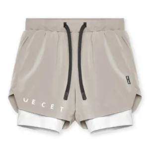 Men's 2 in 1 Quick Dry Fitness Shorts for Running, Bodybuilding, and Casual Workouts - Beige, M