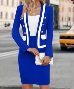 Women 2pcs Clothes Set Office Lady Smart Button Long Sleeve Blazer Jacket & High Waist Skirt Slim