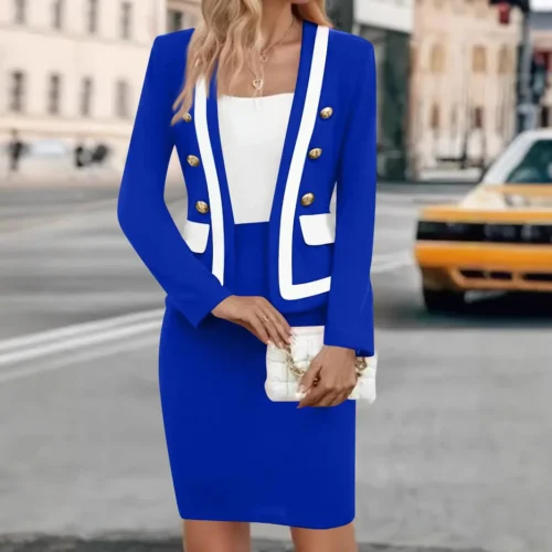 Women 2pcs Clothes Set Office Lady Smart Button Long Sleeve Blazer Jacket & High Waist Skirt Slim
