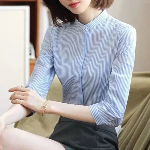 Alternative view of 2023 New Spring and Autumn Commuter Simple Striped Standing Collar Anti Glare Snap Three Quarter and Long Sleeve Women's Shirt