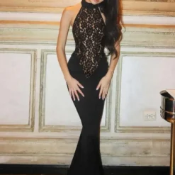 Black Lace Halter Maxi Dress - Backless Bodycon Style for Women