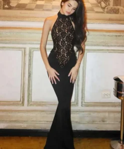 Mozision Black Lace Halter Maxi Dress for Women - Backless Bodycon Party Dress