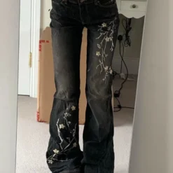 Flared Jeans with Floral Embroidery for Women in Low Rise Design