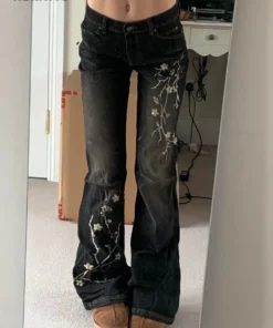 Weekeep Women's Floral Embroidery Low Rise Flared Jeans