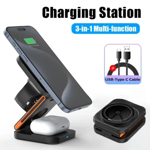 3-in-1 Foldable Magnetic Wireless Charging Station with Fast Charging for iPhone, Apple Watch, and AirPods - Image 2