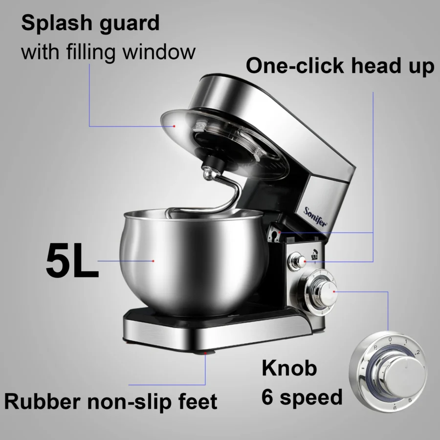 Sonifer 5L Stand Mixer with Stainless Steel Bowl for Baking and Food Preparation - Image 4