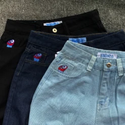 Alternative view of High Waist Baggy Jeans with Blue Cartoon Embroidery for Women, Straight Fit