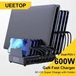 600W GaN Multi USB Fast Charger with 10 Ports for MacBook, iPhone, iPad, and Samsung Tablets