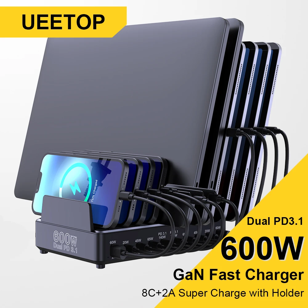 600W GaN Multi USB Fast Charger with 10 Ports for MacBook, iPhone, iPad, and Samsung Tablets