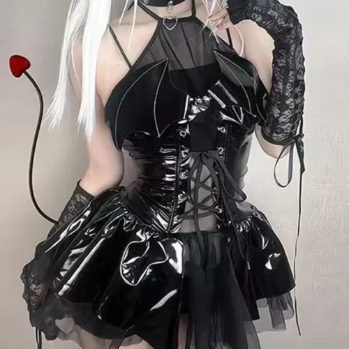 AltGoth Women's Gothic Bats Dress - Sexy PU Cosplay, Harajuku Style, Grunge Streetwear