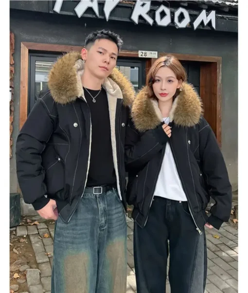 Parka Jacket with Thicken Padded Fur Collar for Men and Women in Winter Streetwear Style - Image 5