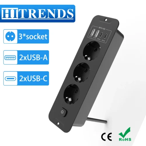 EU Built in Power Strip Desktop Recessed Socket with 2 USB 2 Type C Fast charge, Multi-Contact Outlet with 2M Extension Cable