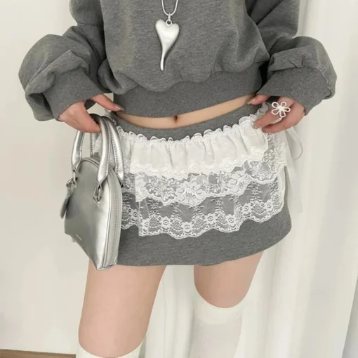 Korean Lace Mini Layered Skirt - High Waist Ruffled Design for Women in Streetwear Style - Image 5
