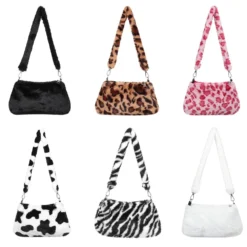 Shoulder Bag with Animal Print Leopard Plush for Women