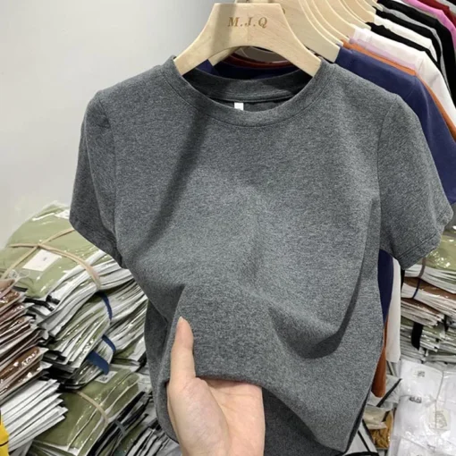 Cotton T-Shirt with Short Sleeves for Women - Y2K Sexy Spring Tee in White - Image 2