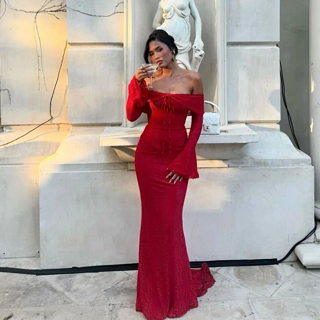 Off the Shoulder Lace Wedding Guest Dress with Flare Sleeves in Red - Image 4