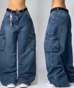 Alternative view of Streetwear Multi-Pocket Washed Baggy Jeans for Men and Women - High Waist, Wide Leg, Y2K Hip-Hop Style