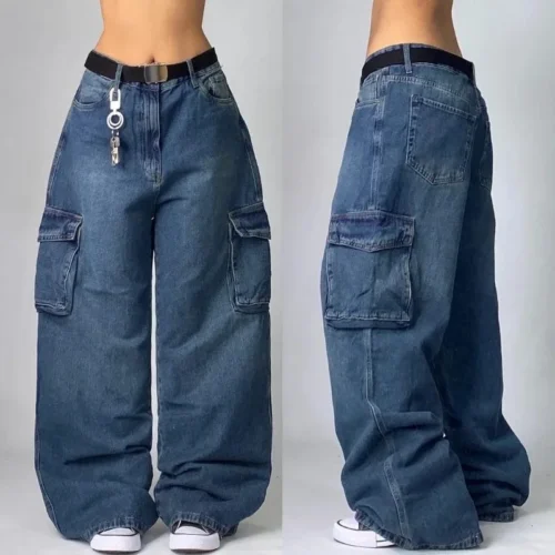 Alternative view of Streetwear Multi-Pocket Washed Baggy Jeans for Men and Women - High Waist, Wide Leg, Y2K Hip-Hop Style
